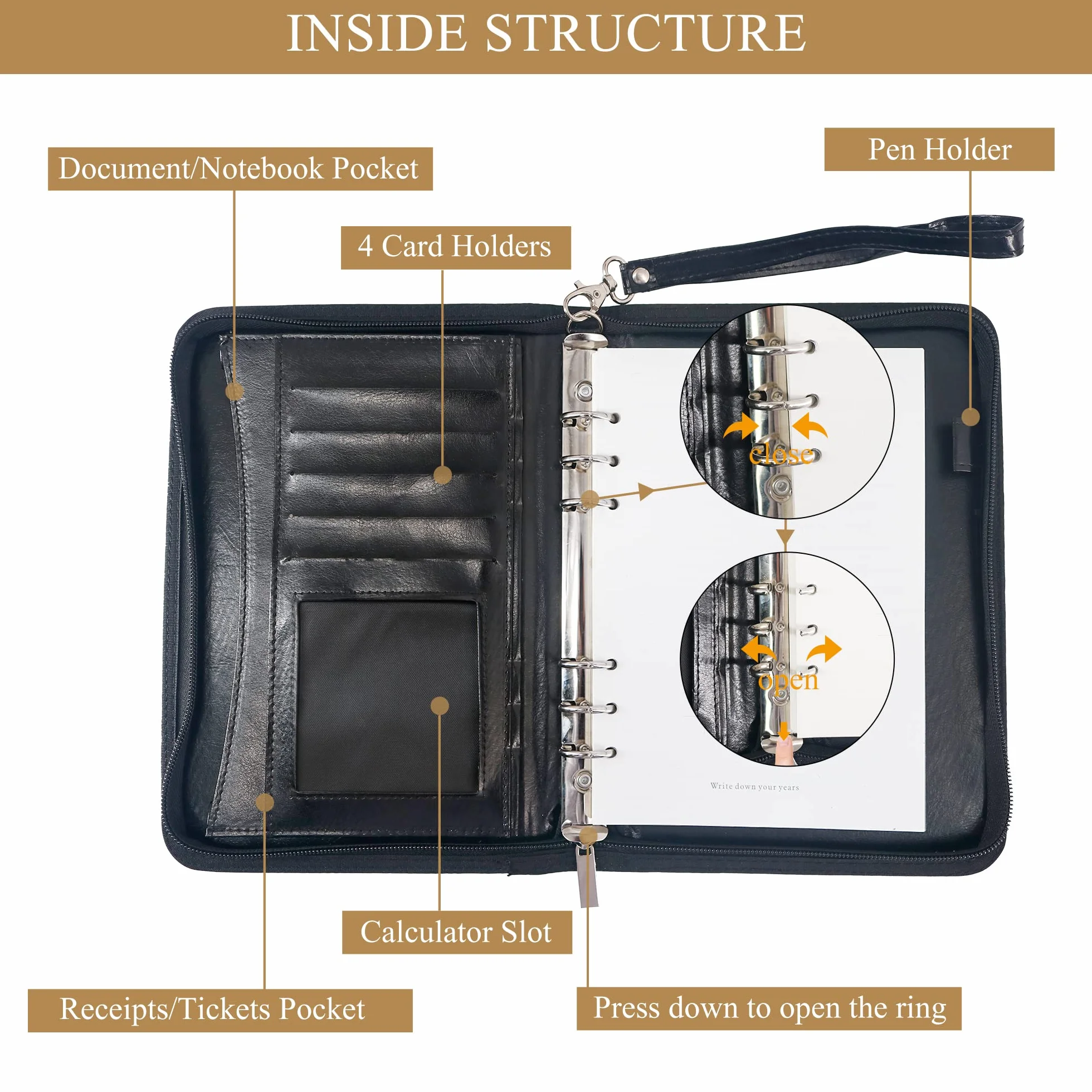 GraduationMall Carpeta de conferencias con cremallera A5 con carpeta de anillos, carpeta de viaje de negocios con páginas recargables, organizador de trabajo portátil, color negro