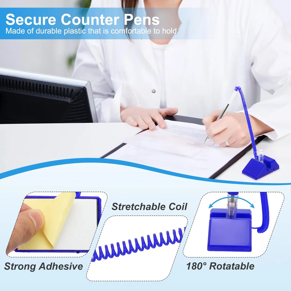 PATIKIL 6 Pcs Bolígrafo Seguro Con Cadena Adhesiva Y Soporte Para Bolígrafos De Seguridad, Bolígrafos Para Mostrador De Recepción Escritorio Recambios De Tinta Negra Para Suministros, Azul