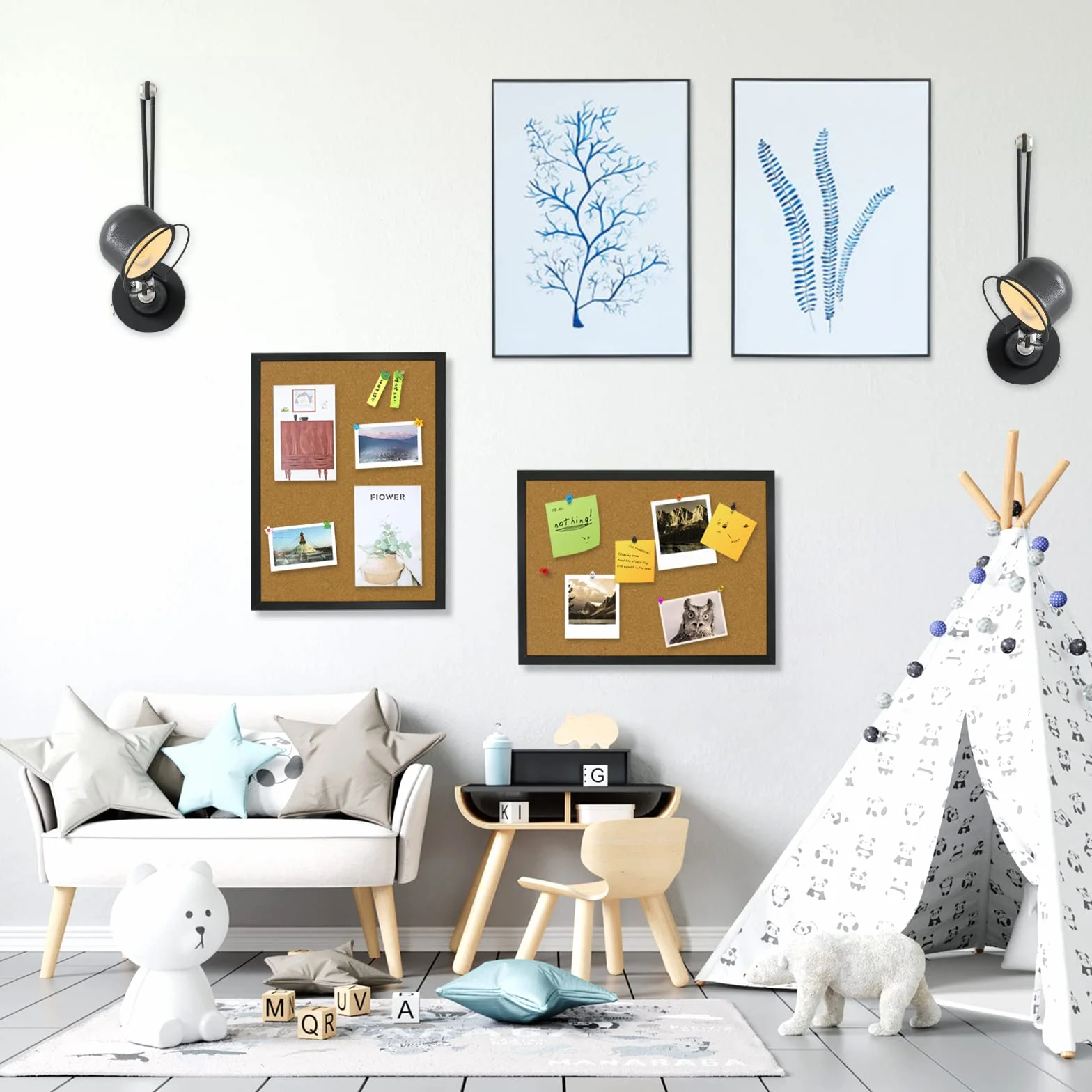 OWLKELA 40 * 30 * 1,4CM Placas Corcho Negro, Corcho Pared, Pizarra de Corchos - Fijaciones y Chinchetas Incluidas, Adhesivo de Doble Cara, Marco de Negro