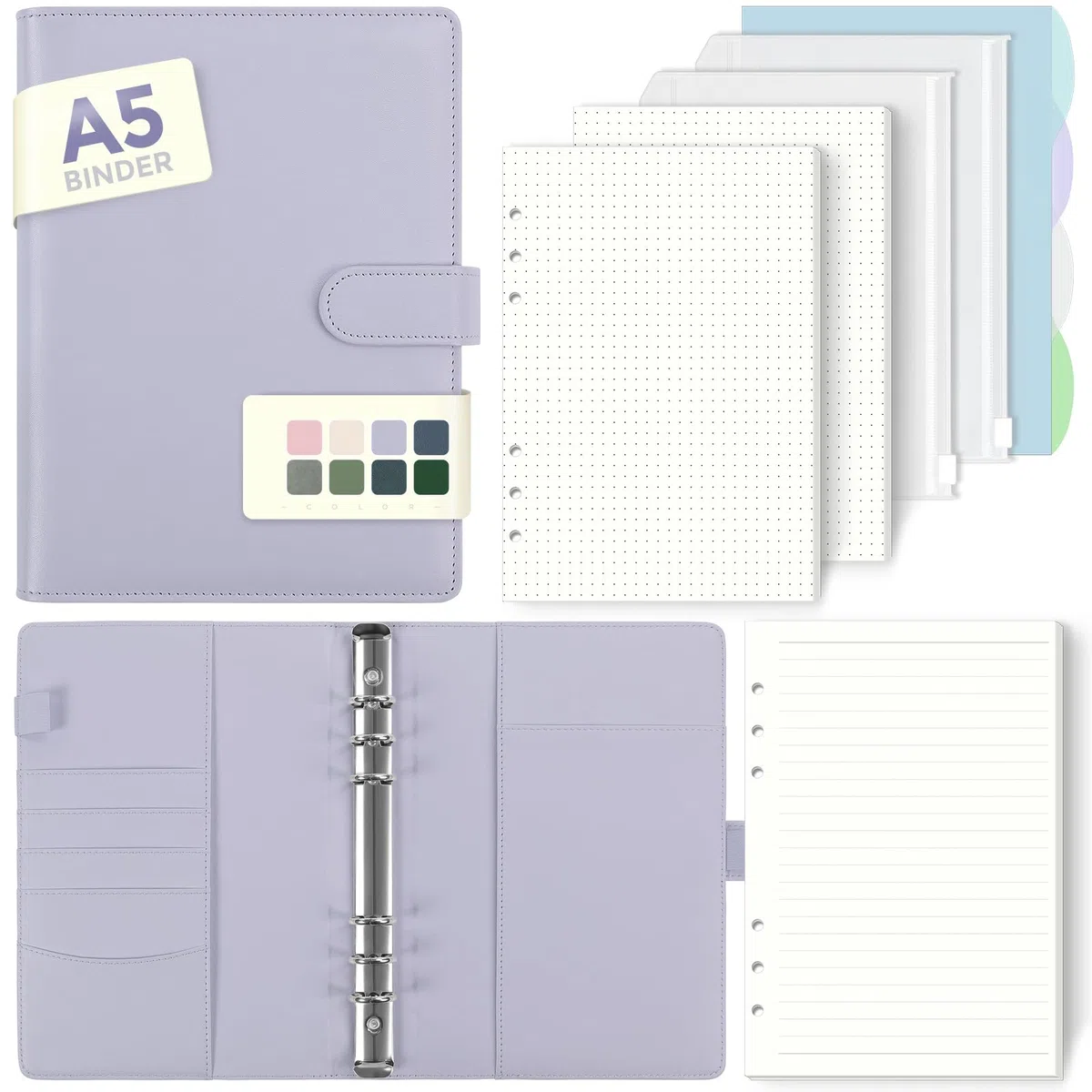 SKYDYE - Carpeta A5 de 6 anillas, papel de recambio de 135 hojas, cuaderno de anillas A5 con bolsillos y divisores para notas escolares y diarios de viaje (morado claro)
