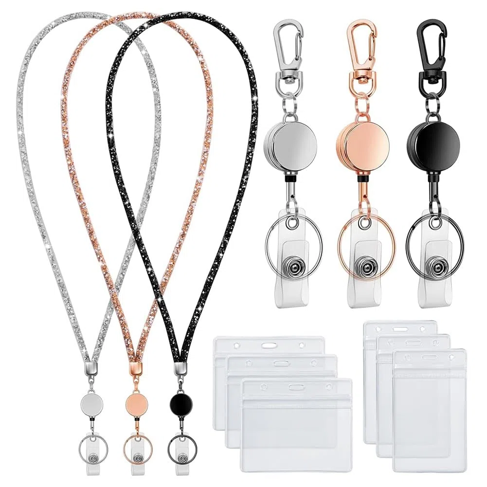 Juego de 9 en 3 cordones para tarjetas de identificación, cordón retráctil de cristal para profesores