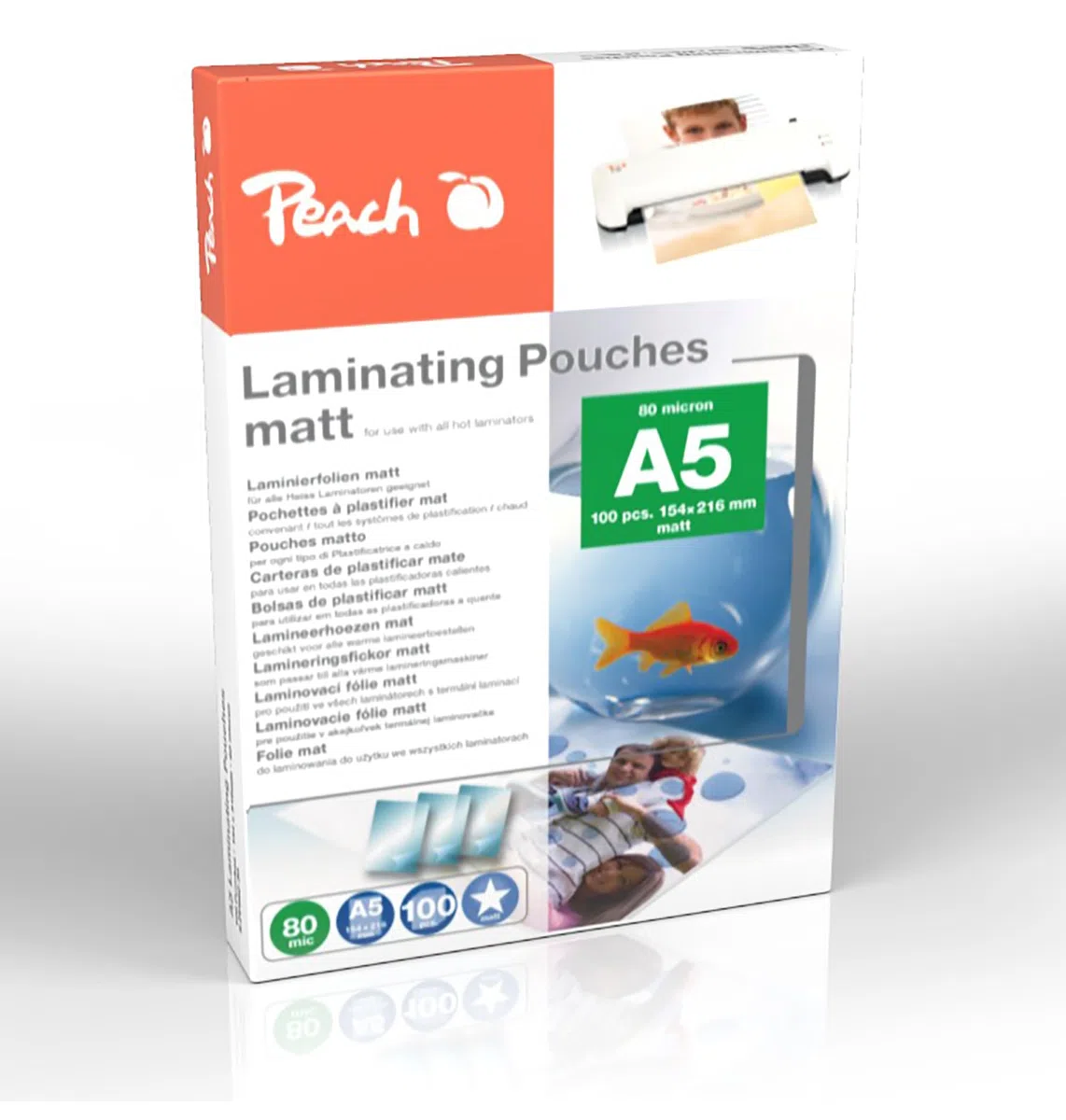 Peach S-PP580-30 - Láminas para plastificar (A5, 80 micras, 100 bolsas, mate, se puede escribir para mejores resultados de laminación, compatible con dispositivos de todas las marcas