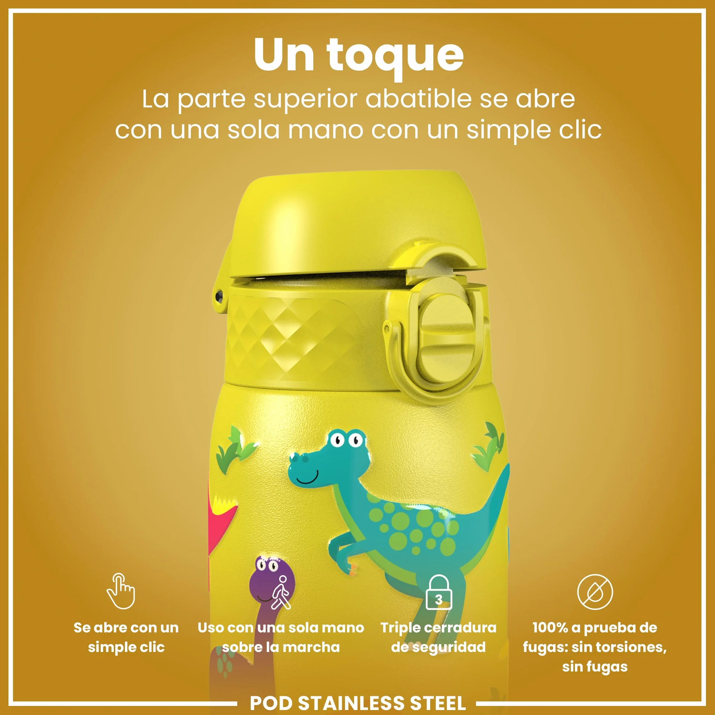 ion8 Botella Agua Inox Ligero para Niños 400ml Sin Aislamiento a Prueba de Fugas Fácil de Abrir Cerradura Segura Apta para Lavavajillas Tapa Abatible Dinosaurios