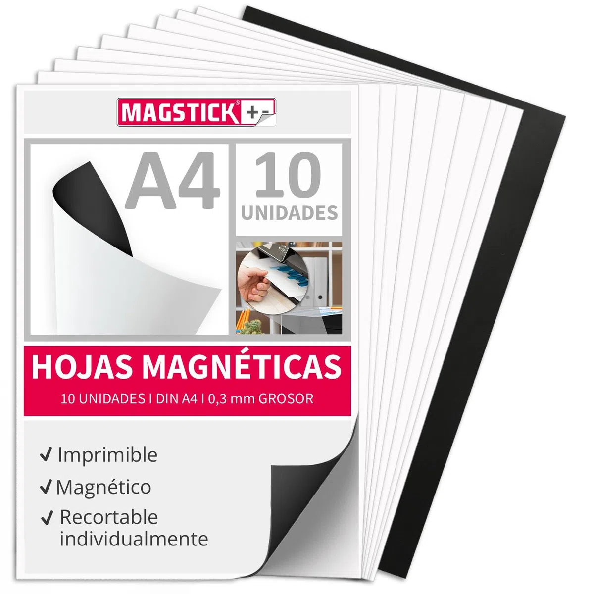 Juego de 10 papeles magnéticos I blanco I DIN A4 I reverso magnético I imprimible con impresoras de chorro de tinta estándar I para etiquetado, impresión o papel fotográfico magnético I mag220