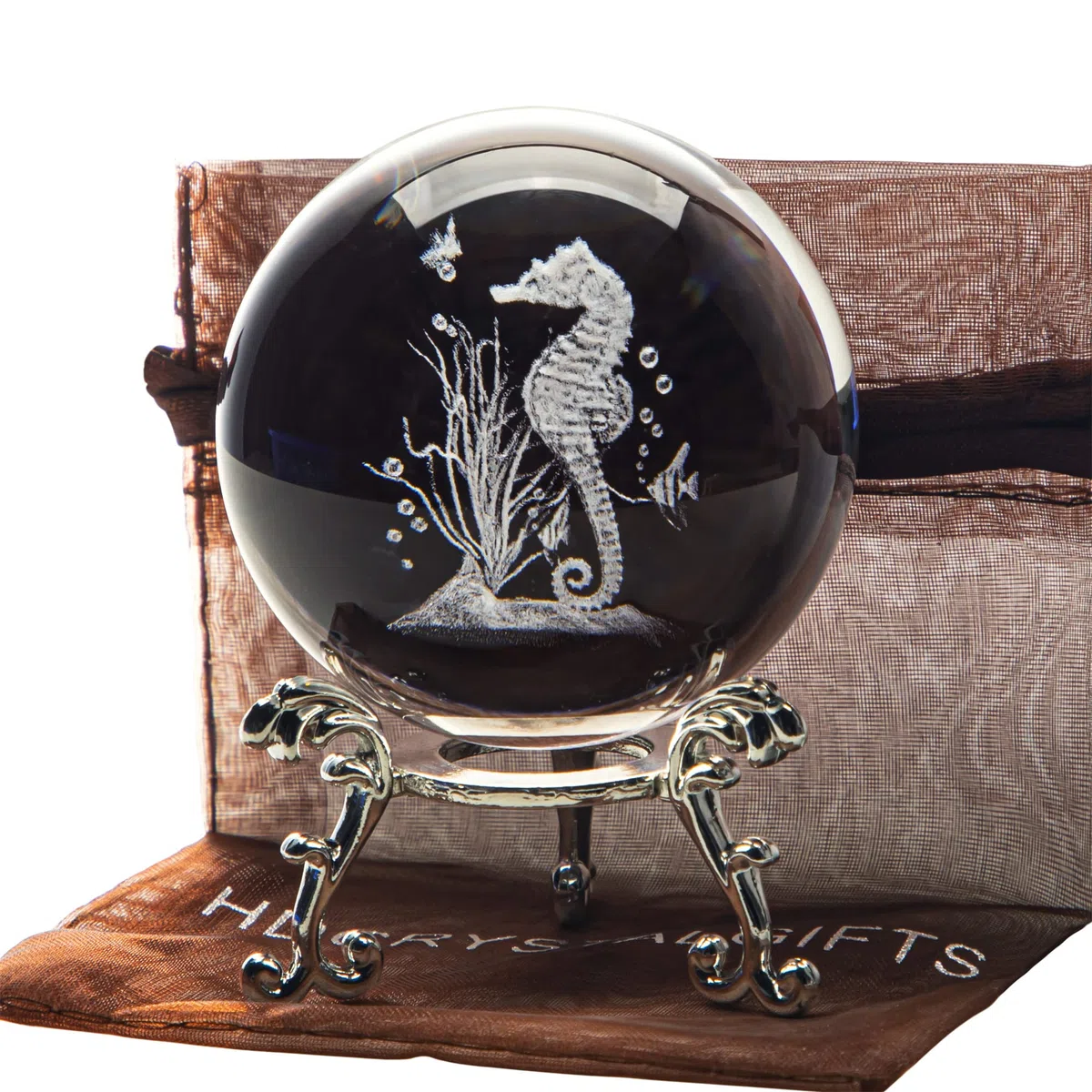 HDCRYSTALGIFTS Bolas decorativas de cristal 3D de 60 mm con grabado láser en 3D de caballito de mar, pisapapeles de esfera completa de vidrio Feng Shui con soporte de floración chapado en plata