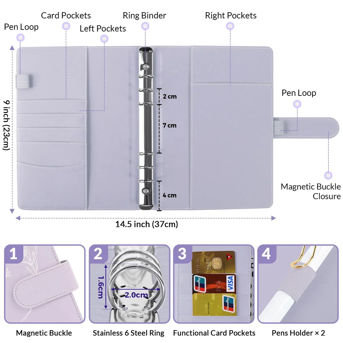 SKYDYE - Carpeta A5 de 6 anillas, papel de recambio de 135 hojas, cuaderno de anillas A5 con bolsillos y divisores para notas escolares y diarios de viaje (morado claro)