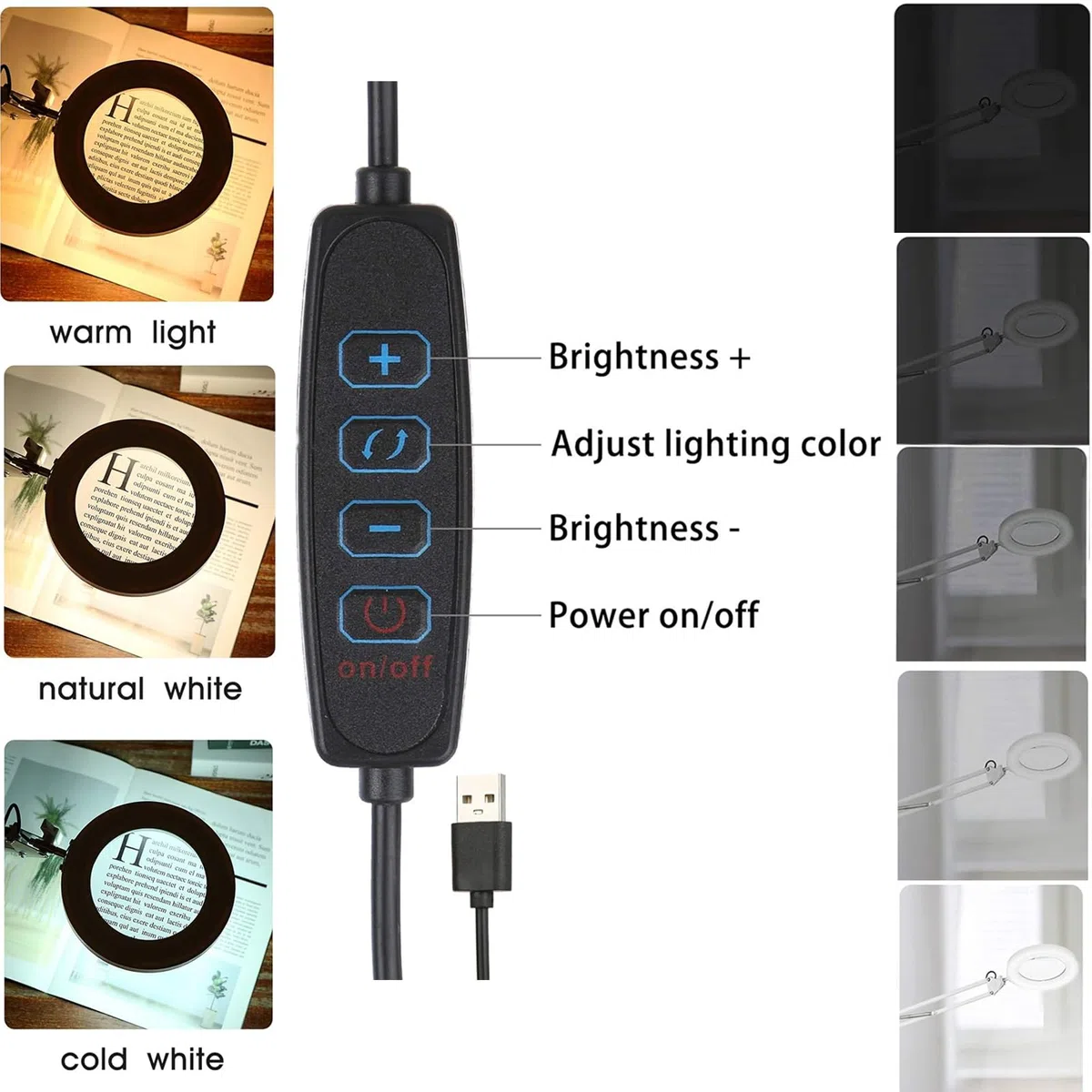 Lámpara de mesa con lupa 10X, 72 LED, 3 modos de color, 10 niveles de brillo, brazo giratorio ajustable pinza metálica, ideal para manicura, tatuaje y lectura -Blanco