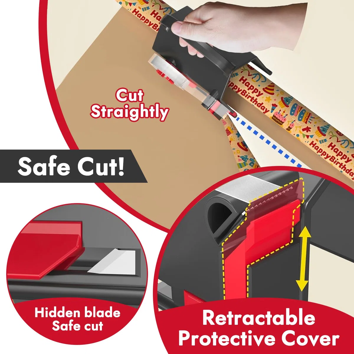 Cortador de Papel de Regalo, Cortador Papel Regalo con Asa, con 2 Cuchillas Intercambiables 4 Piezas De Cinta Adhesiva, para Navidad, Cumpleaños, Envoltura de Regalo, negro