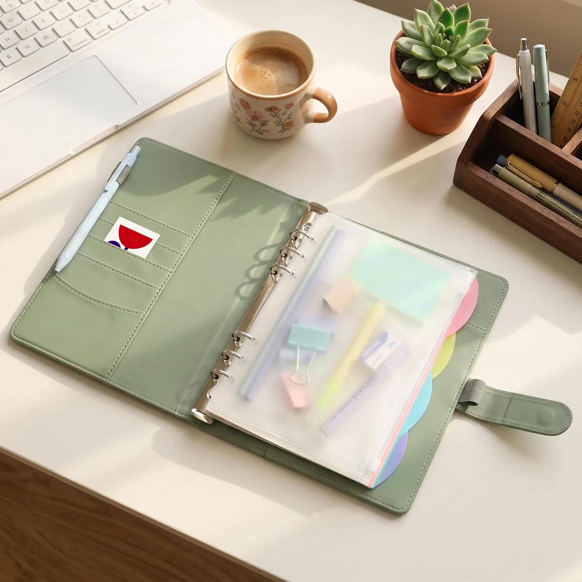 Cuaderno A5 de Anillas Recargable, 165 Hojas, Agenda de Cuero PU con Separadores, Bolsillos con Cremallera y Ranuras para Tarjetas, Organizador A5 para Escuela, Oficina, Viaje