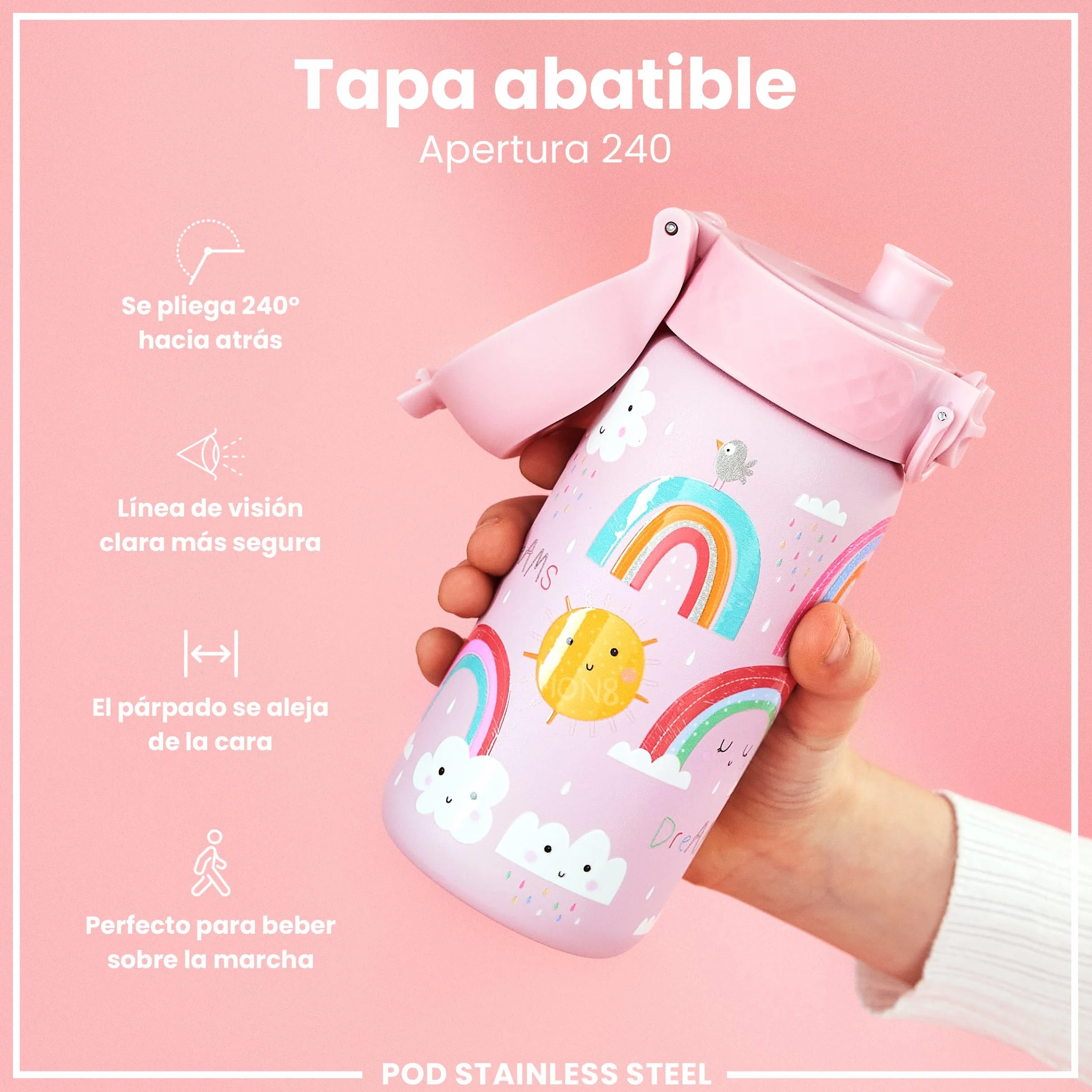 ion8 Botella Agua Inox Niños 400ml Sin Aislamiento Prueba Fugas Fácil Abrir Cerradura Segura Apta Lavavajillas Tapa Abatible Arcoíris