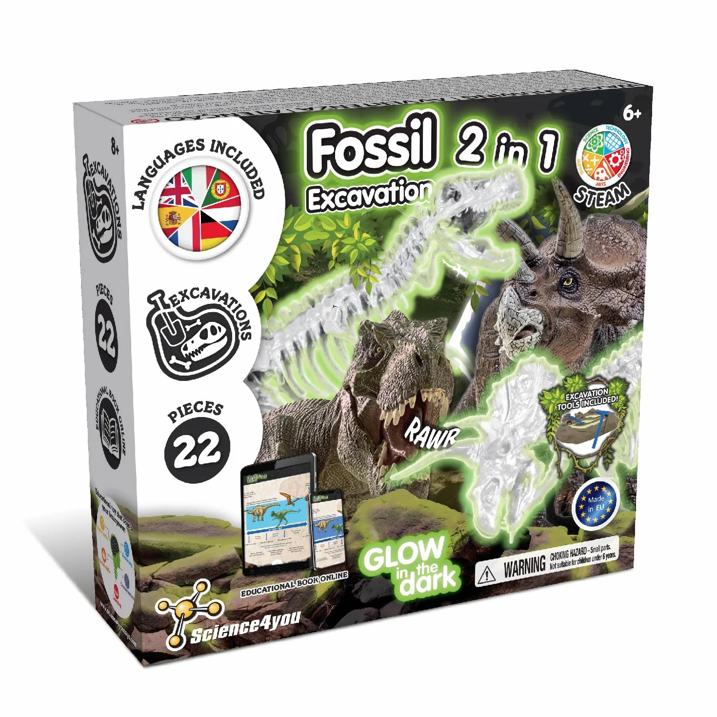 Science4you Excavaciones Fósiles 2 en 1 - Kit Paleontologia para Niños, Excava 22 Fosiles Que Brillan en la Oscuridad de 2 Dinosaurios, Juguete Educativo con Dinosaurios para Niños 6 7 8 9