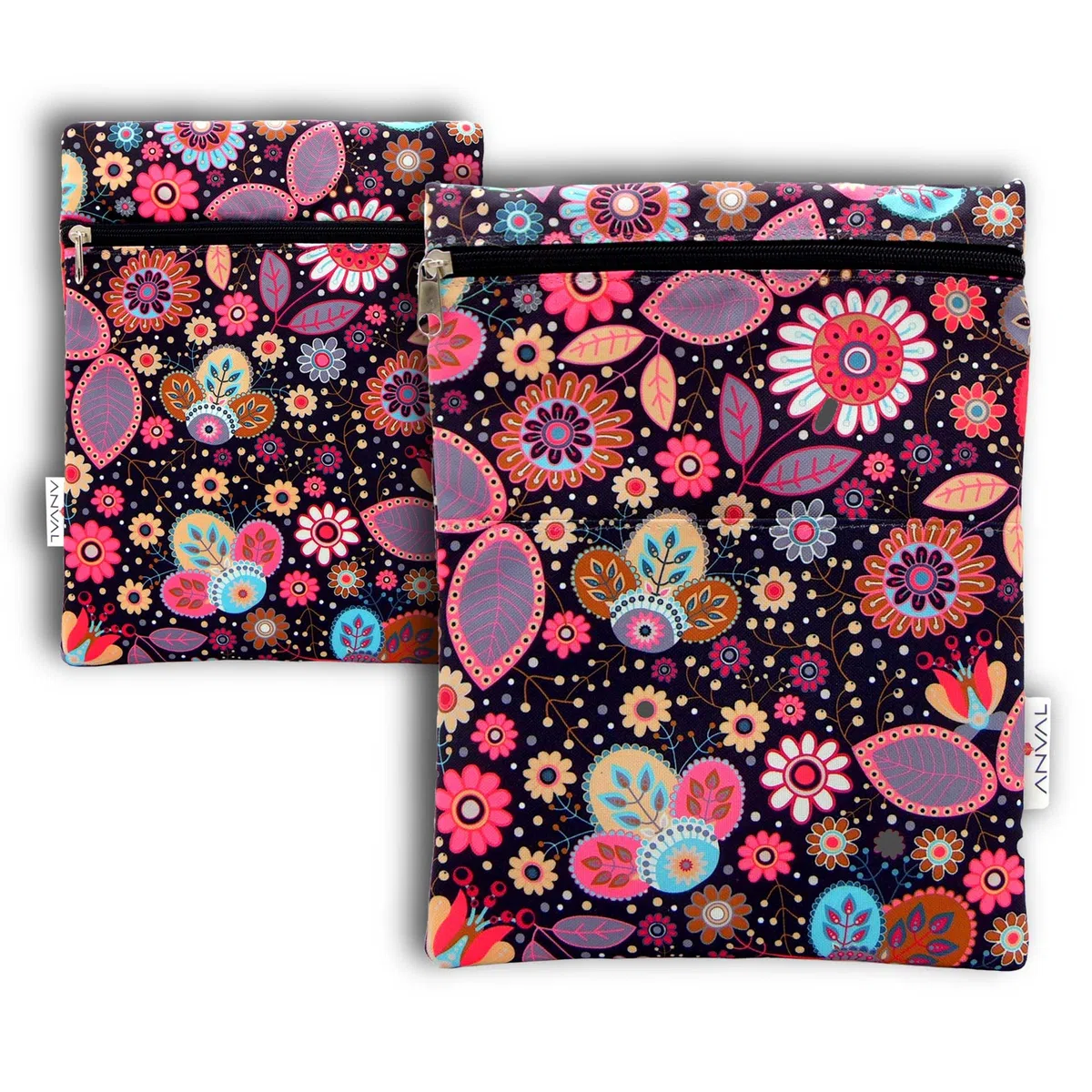 ANVAL Funda para Libro, Impermeable, Interior Forrado,con Cremallera, Doble Bolsillo Exterior -, Adaptable a Cualquier Grosor, Funda Libro Papel - Forro Libro Tela Estampada (Arabescos)