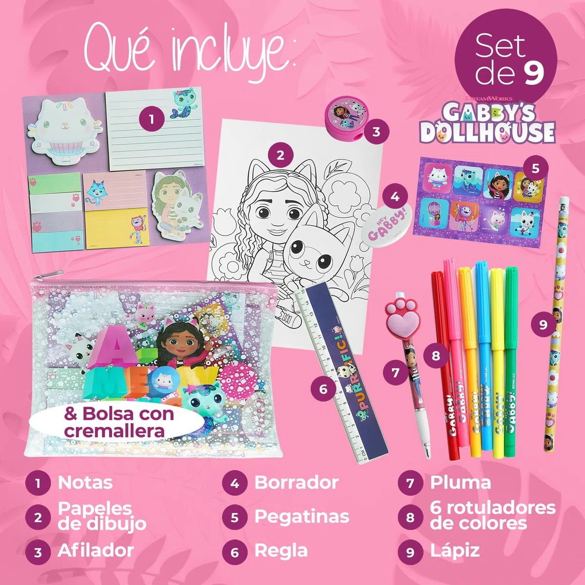 Gabby's Dollhouse - Pack de Papelería y Material Escolar Gabby Dollhouse - Pegatinas, Estuche para Niña y Regalo Ideal