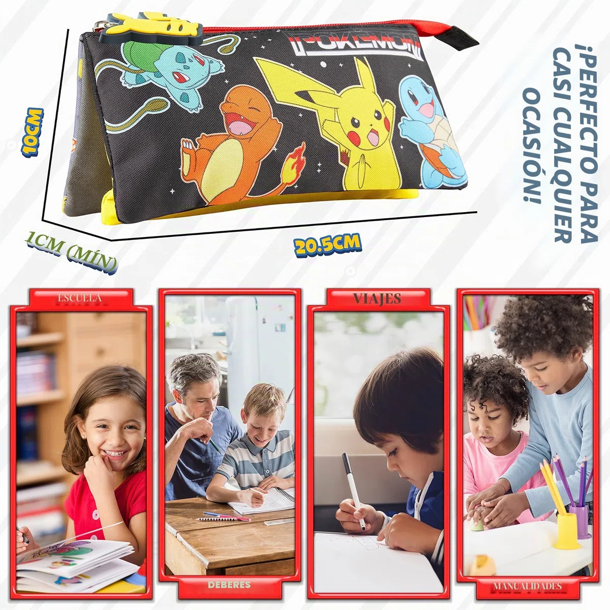 Pokémon Estuche Escolar 3 Compartimentos para Niños Pikachu