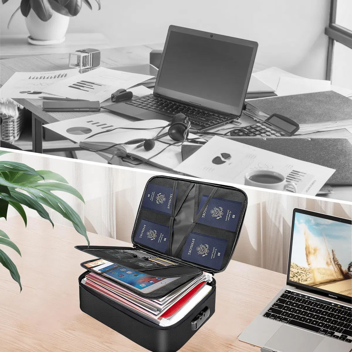 Bolsa de Documentos Ignífuga e Impermeable, Caja de Documentos Ignífuga con Cerradura y Doble Cremallera, Bolsa para Documentos de Gran Capacidad para Pasaportes y Documentos legales(36 * 27 * 10cm)