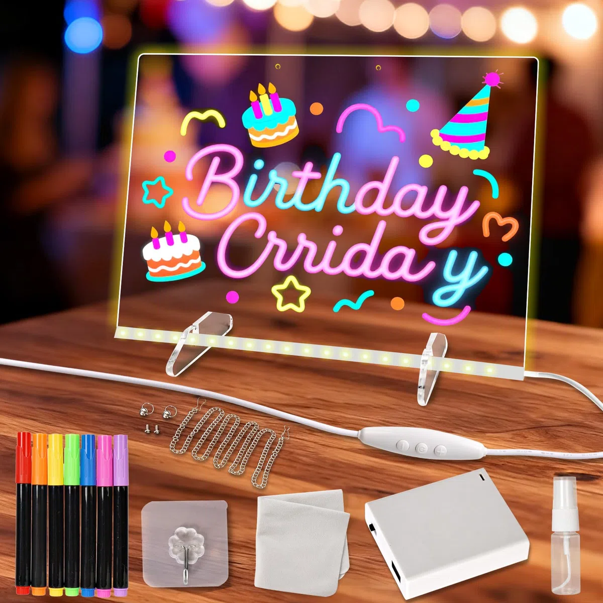 LURICO 35x25cm Tablero Acrílico Luminoso con Mensaje LED, Pizarra de Escritura de Acrílico luces en 4 modos y 7 colores Tablero de Notas LED Limpiable 7 Colores Bolígrafo, para Niños, Adultos