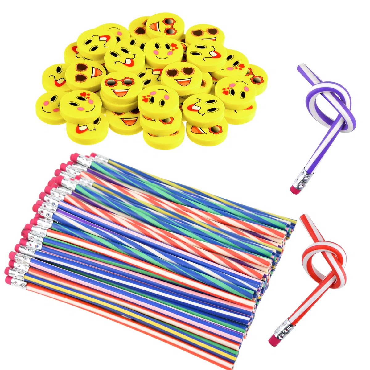 Set de 96 piezas para rellenar bolsas de fiesta, lápices y gomas de borrar suaves y flexibles, material escolar divertido, artículos de papelería para fiestas