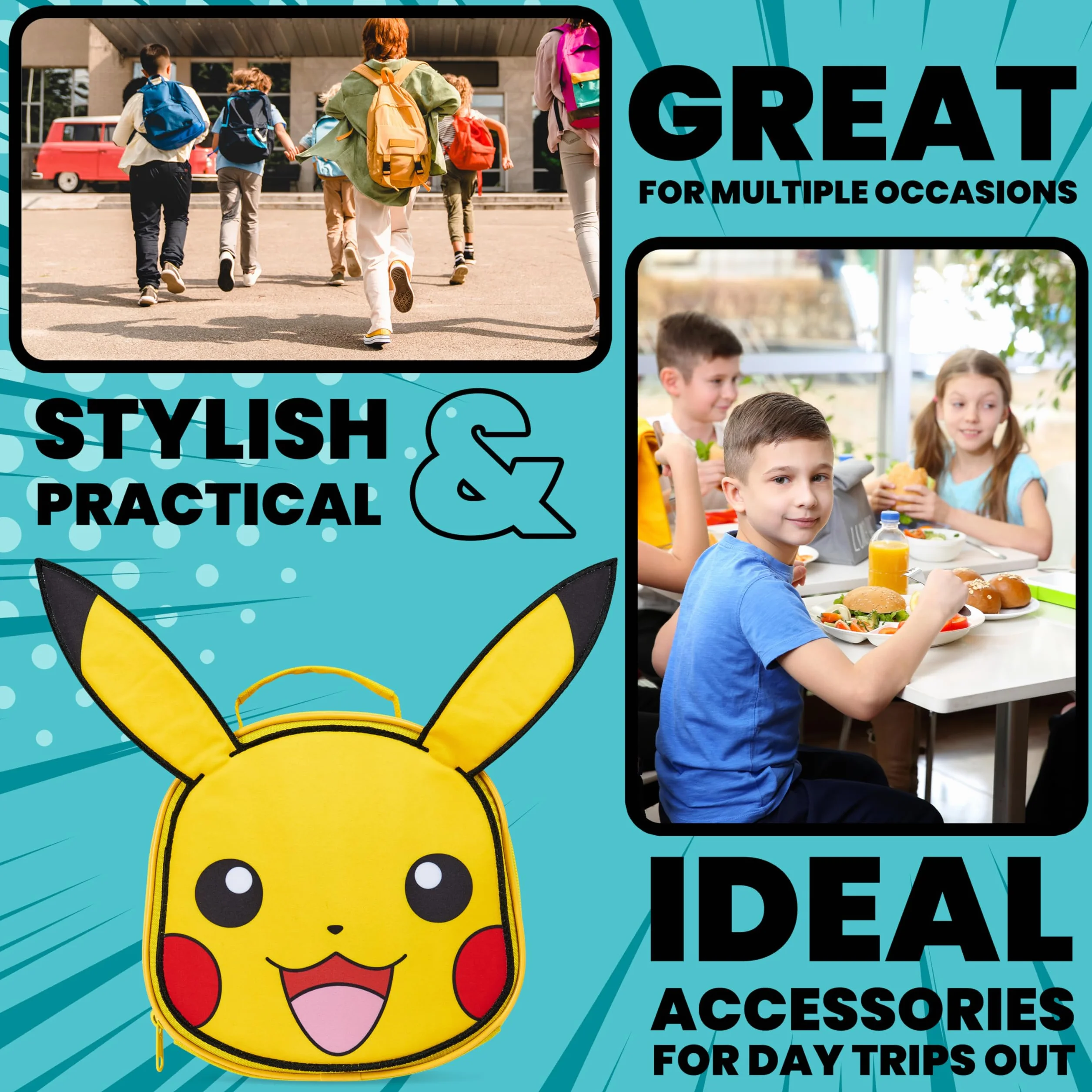 Pokémon Bolsa de Almuerzo Aislante, Pikachu Bolsa Merienda Termica para Escuela (Amarillo)