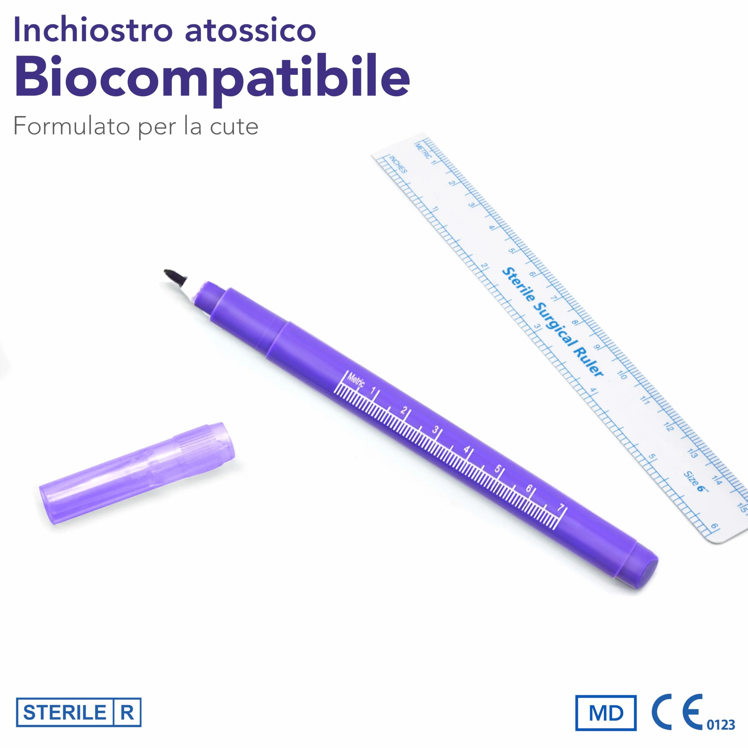 AIESI® Bolígrafo Dermográfico Estéril con punta estándar con regla HOSPIMARK (Paquete de 10 piezas)