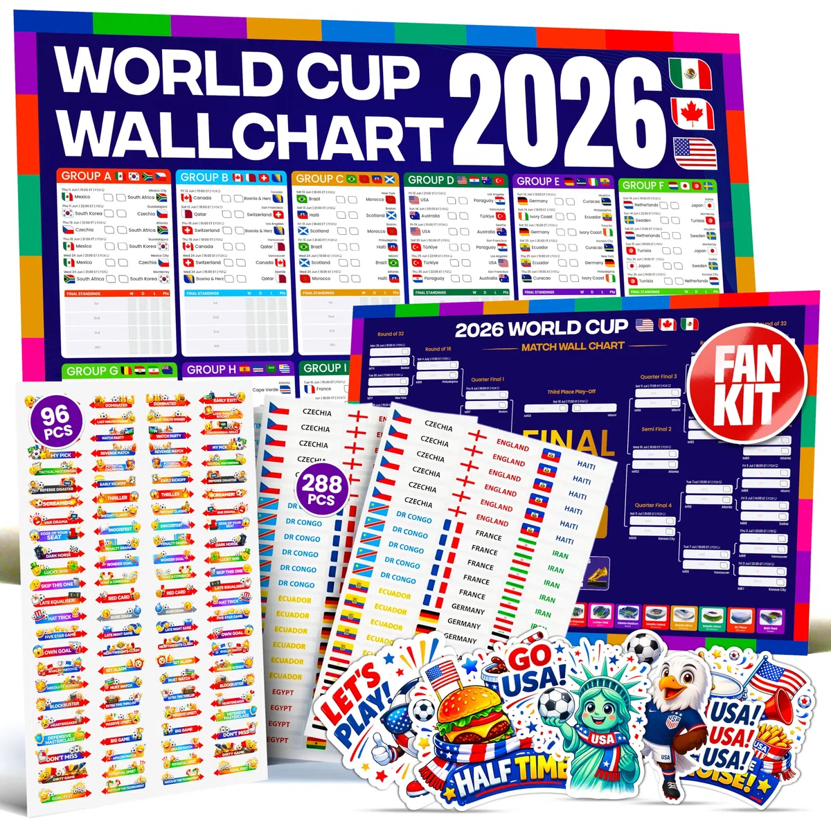 Gráfico de pared de fútbol 2026 con calcomanías de bandera de país y accesorios para partidos, calendario de pared del torneo mundial y planificador de pared para el hogar, oficina y