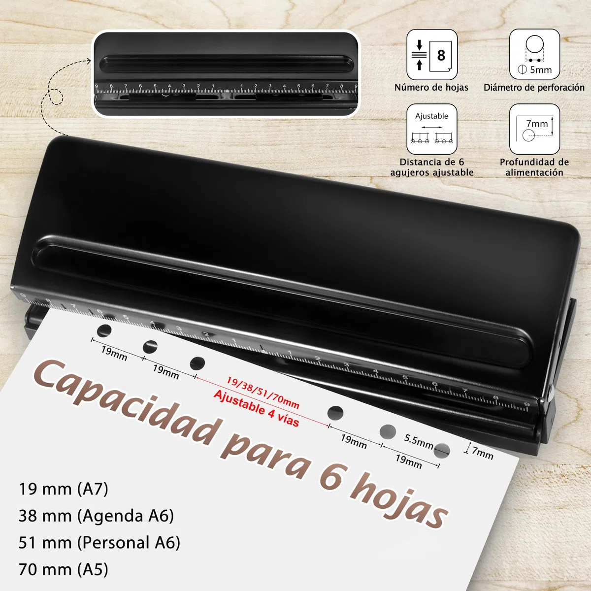 Perforadora de 6 Agujeros de Metal Ajustable, A5, A6, A7, 6 Agujeros, con Marcador de Posicionamiento, 6 Hojas de Capacidad, Para Planificador, Personal, Agenda (Negro)