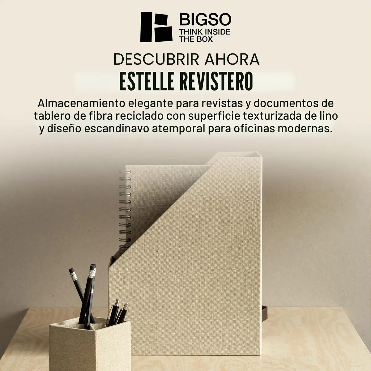 Bigso Box of Sweden Archivador vertical para periódicos, revistas o actas – Práctica caja clasificadora de tablero de fibras y papel con aspecto de lino – Revistero archivador rígido y con asa – beige