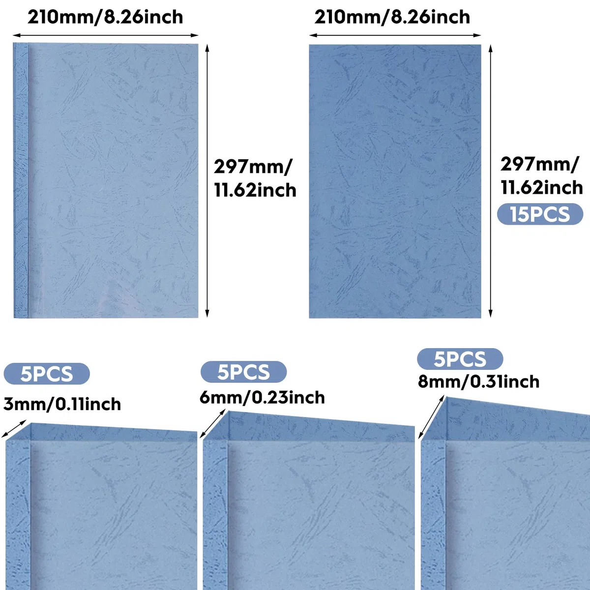 Carpetas térmicas A4 de PVC – 15 hojas con tapa, 3 mm (16-25), 6 mm (36-50), 8 mm (51-70) – Azul