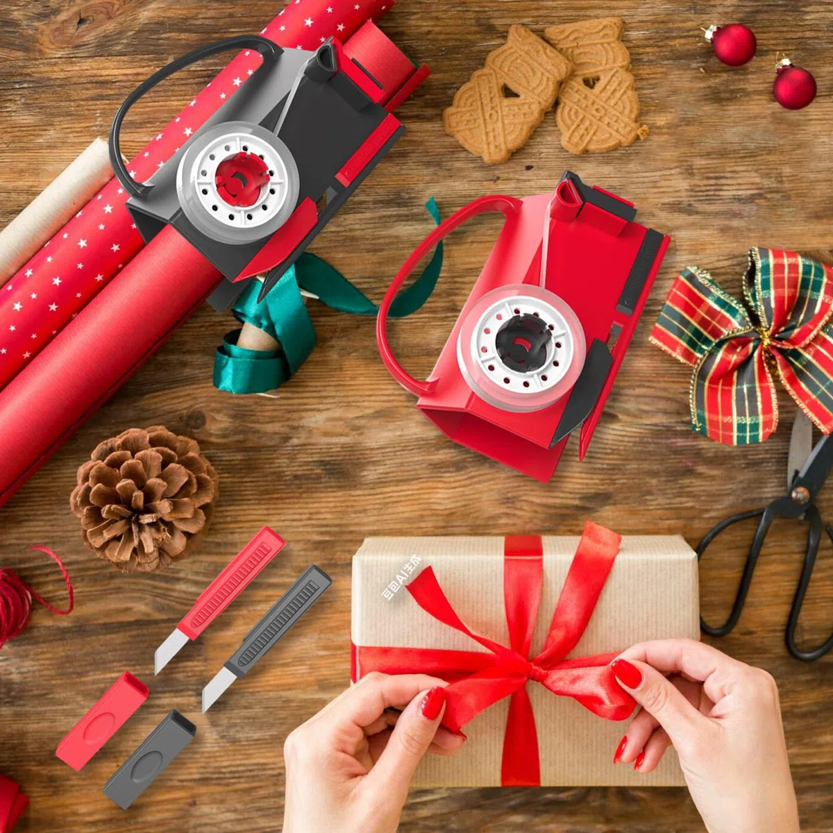 Cortador de Papel de Regalo, Cortador Papel Regalo con Asa, con 2 Cuchillas Intercambiables 4 Piezas De Cinta Adhesiva, para Navidad, Cumpleaños, Envoltura de Regalo, negro