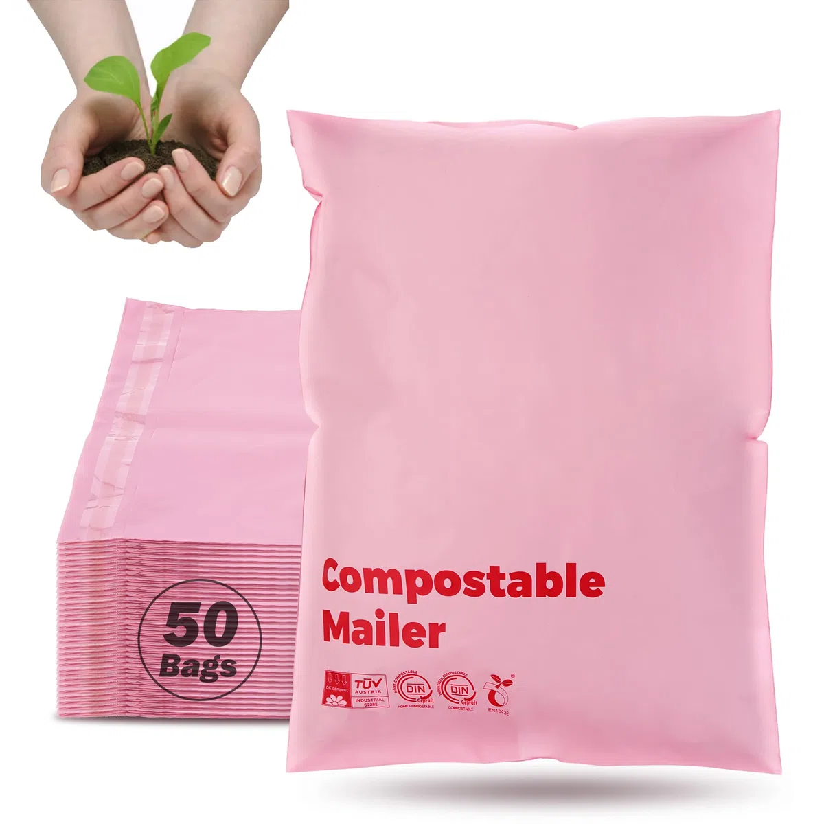 Bolsas compostables de 26x38 con tira autoadhesivos, respetuosas con el medio ambiente, sobres para ropa, Bolsas de correo a prueba de agua y de roturas, paquete de 50 unidades, color rosa