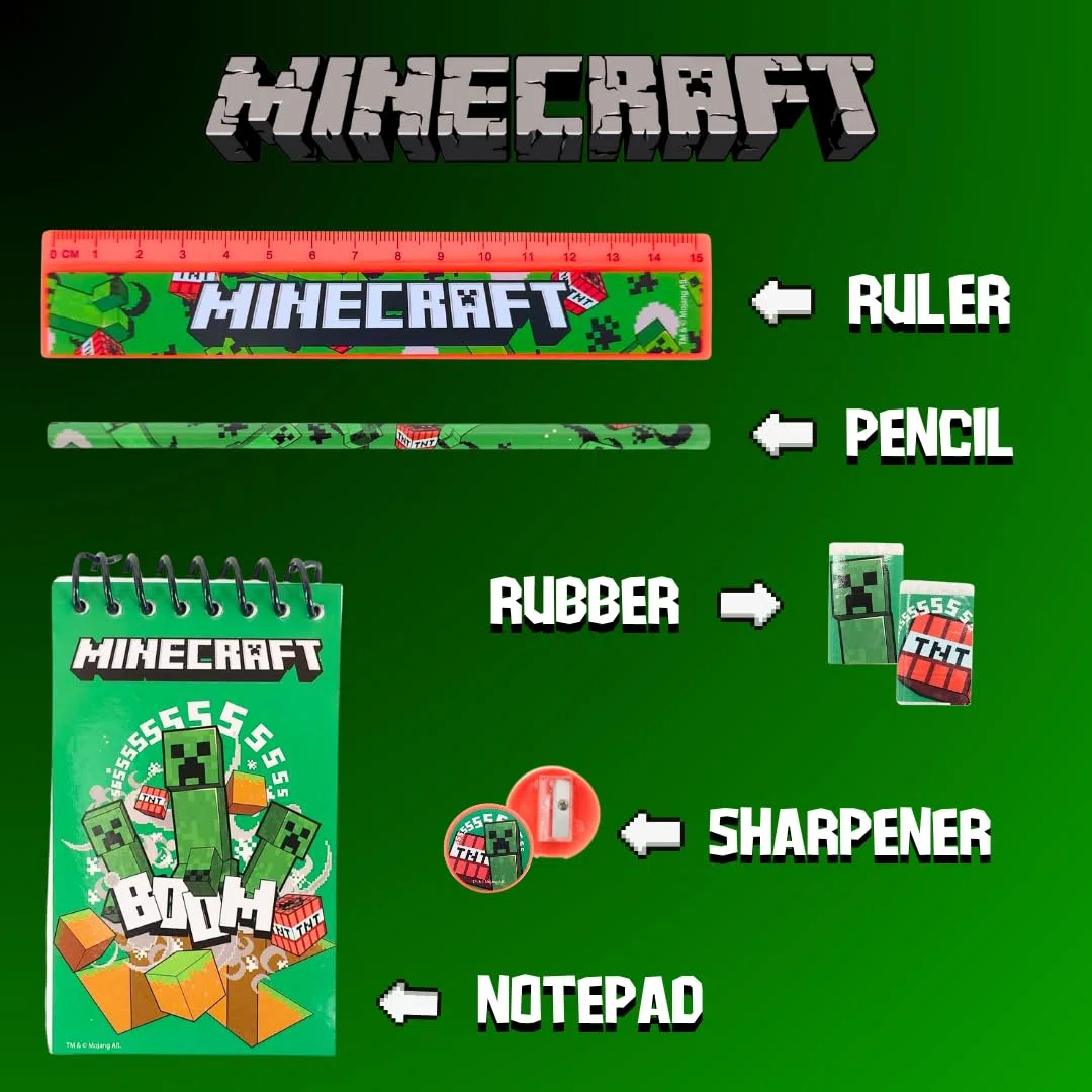 Minecraft Juego de Papelería, Incluye Regla Lapiz Boligrafo Pegatinas Goma de Borrar Sacapuntas Cuaderno y Candado con Llaves, Regalo Set de Papeleria para Niños