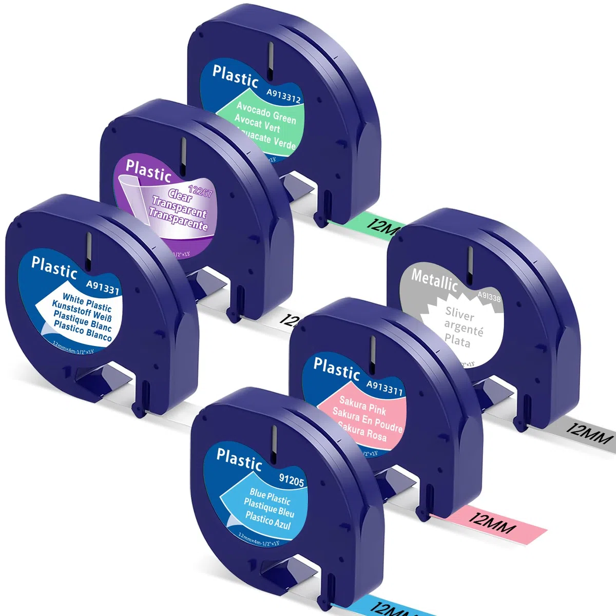Markurlife- Cinta Compatible para Dymo LetraTag Recambio Pltico 12mm x 4m Etiquetas para Etiquetadora LetraTag LT-100H LT-100T XR XM QX50 2000, Negro sobre Blanco/Transparente/Plata/Azul/Rosa/Verde