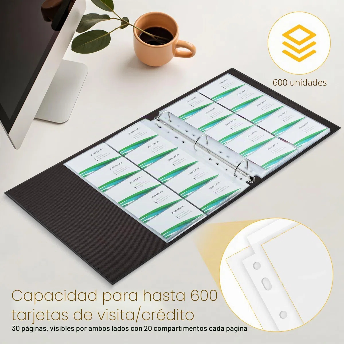 Álbum Organizador de Tarjetas de Visita 600 Unidades - 30 Páginas Recargables, Carpeta A4 Anillas, Carga Lateral, Cubierta PU Cuero Negro | Oficina