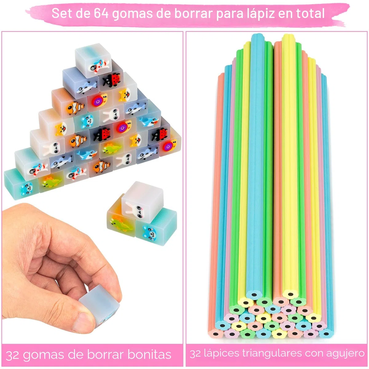 64 PCS Lapices con Gomas Niños Regalo,32 Gomas de Borrar Divertidas + 32 Lapices Pétalos Niños,Regalos Cumpleaños Niños Colegio,Detalles Cumpleaños Niños