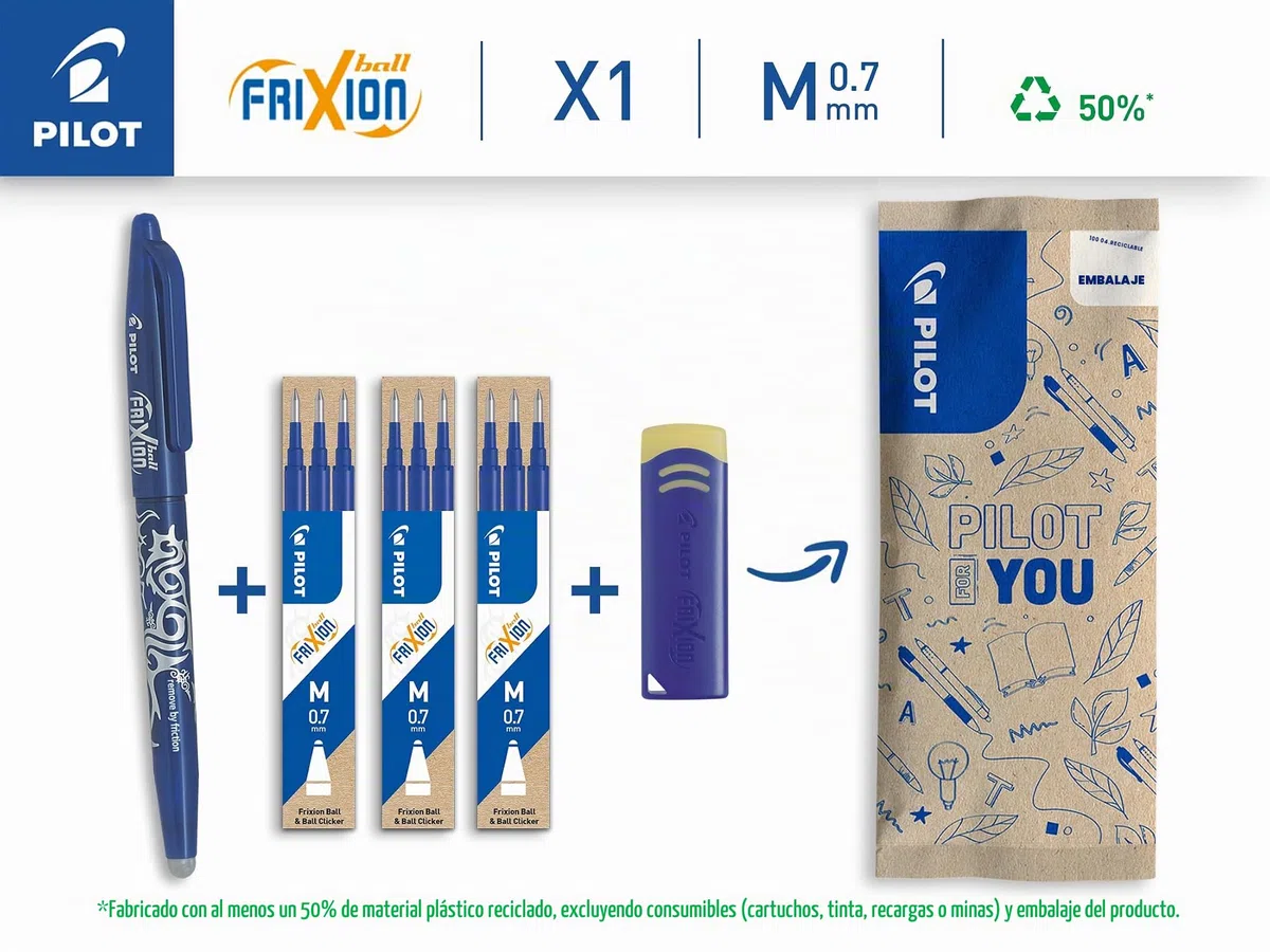PILOT - Caja de 1 FriXion Ball + 3 Set de 3 Recambios + 1 Goma -Bolígrafo Rollerball Recargable - Azul - Punta Media