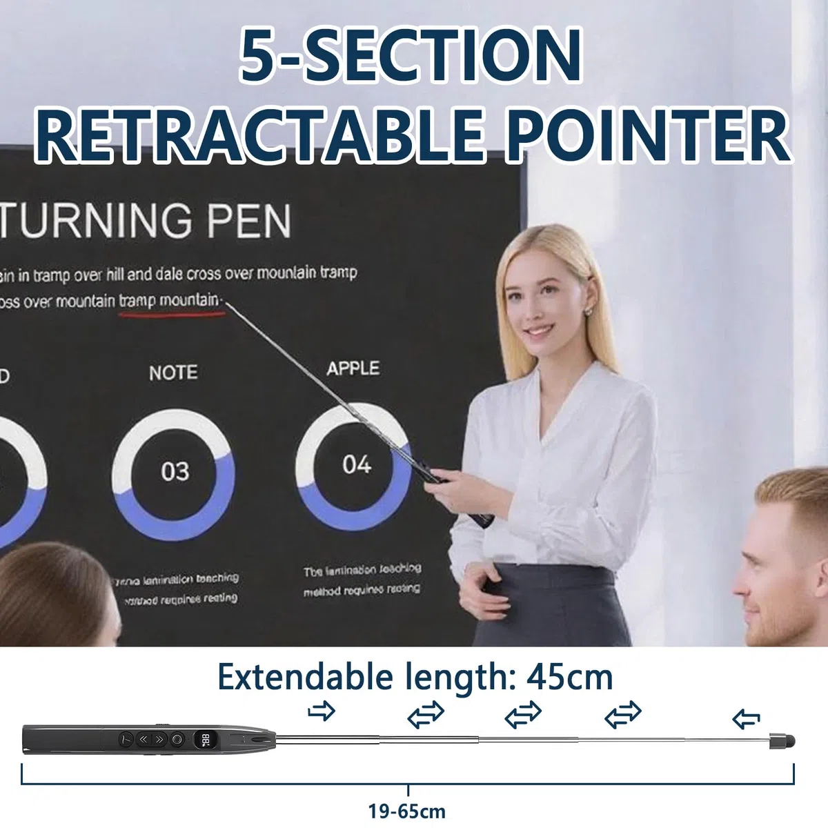 Pasador Diapositivas 2.4 GHz con Puntero Láser Rojo Fuerte 3 Niveles, Puntero Retráctil, Temporizador de Cuenta Atrás hasta 199 Min, Compatible con la Mayoría de Sistemas y Software (Negro)