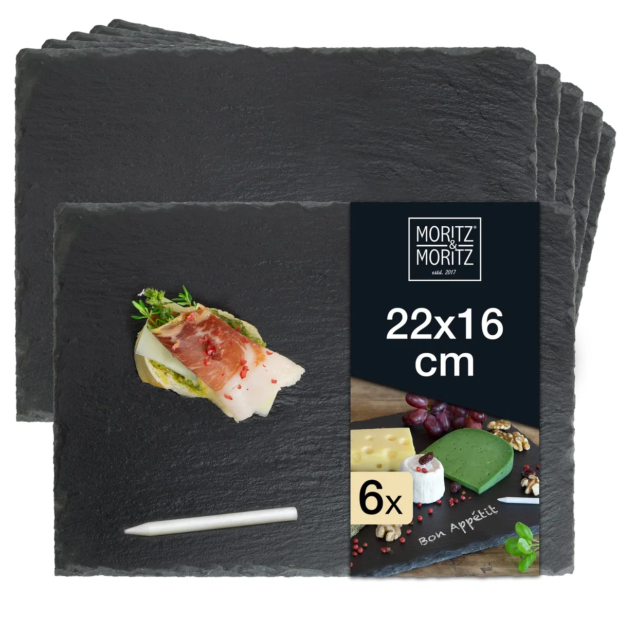 Moritz & Moritz 6x Platos Pizarra 22 x 16 cm Thyme con tiza para escribir - Platos de Pizarra Natural - Platos para aperitivos para personalizar y decorar