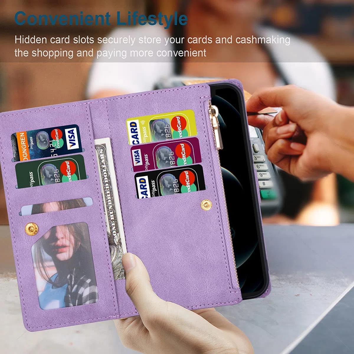 UEEBAI Estuche para iPhone 13 Pro 6.1 Inch, Cartera con Correa de Mano Cuero PU Funda Tapa Retro a Prueba de Golpes con 9 Ranuras para Tarjetas Función de Soporte Bolso Magnético - Diamante Violeta