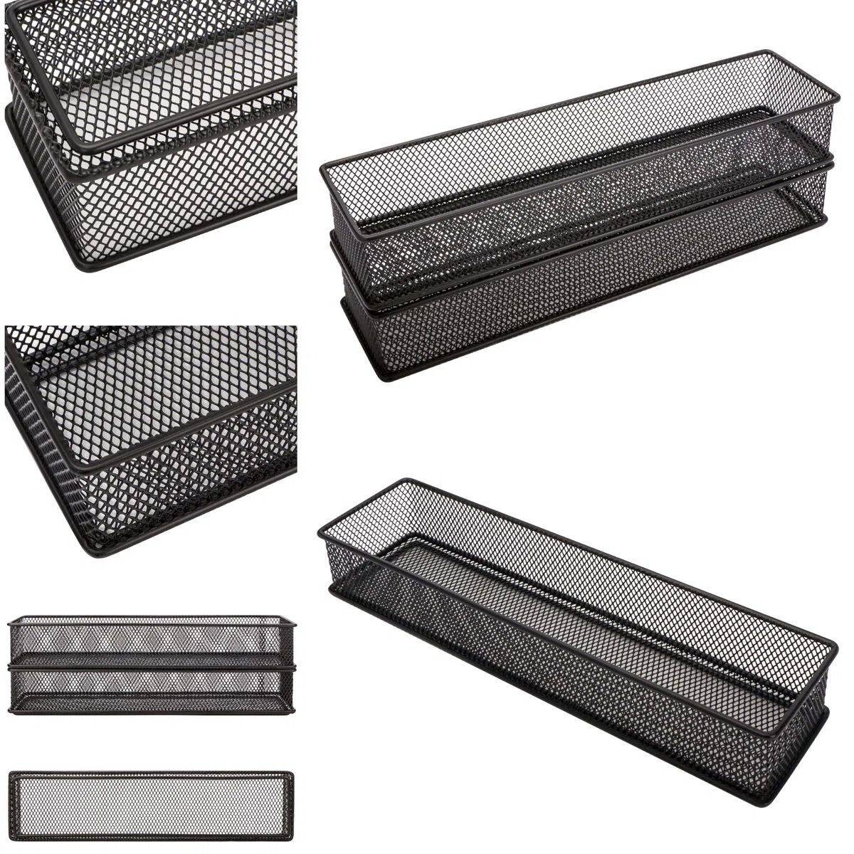 Annova Organizador de malla para cajones y estantes, cesta de almacenamiento, bandeja de almacenamiento para suministros de oficina escolar, juego de 2 (negro, 30x7.5x5cm)