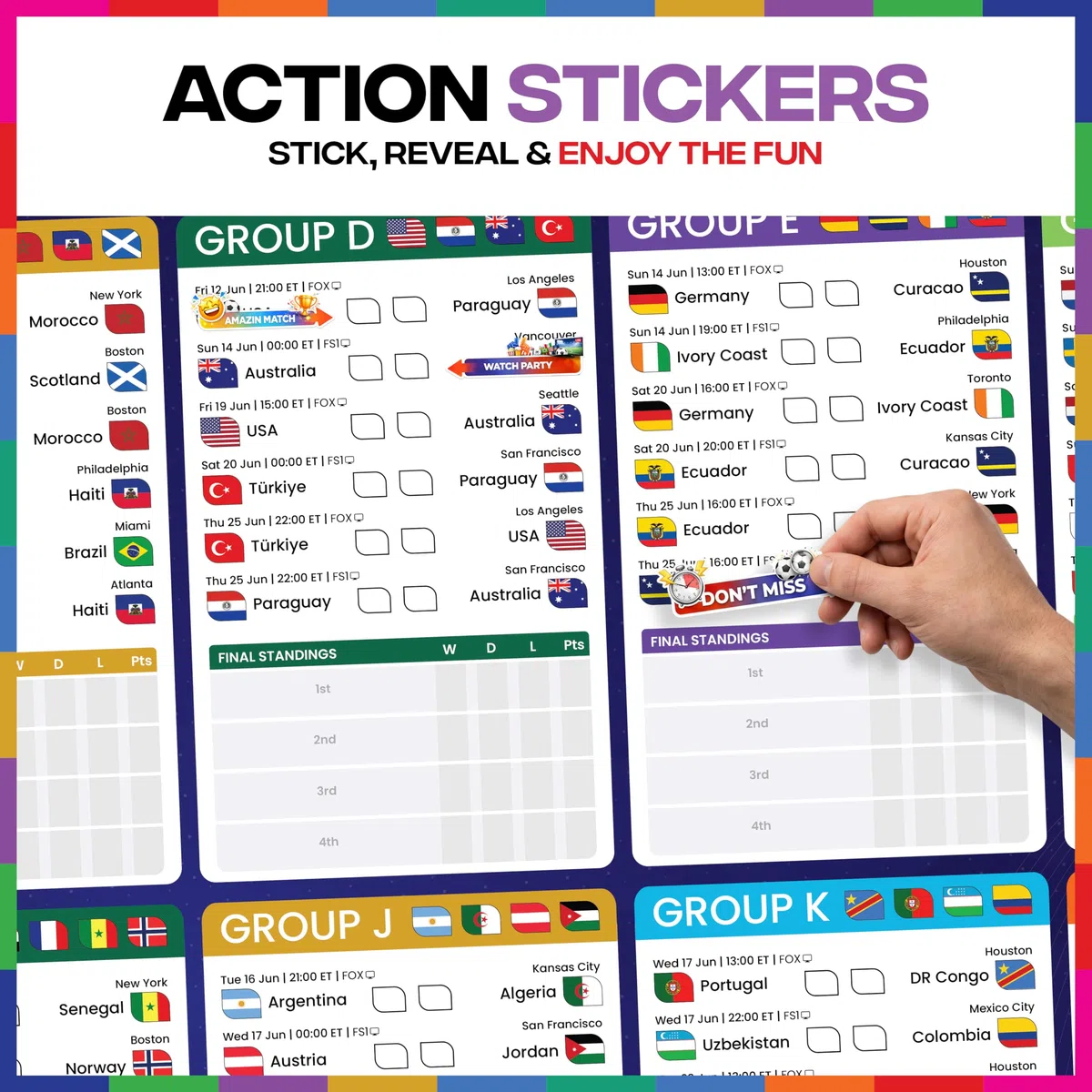 Gráfico de pared de fútbol 2026 con calcomanías de bandera de país y accesorios para partidos, calendario de pared del torneo mundial y planificador de pared para el hogar, oficina y