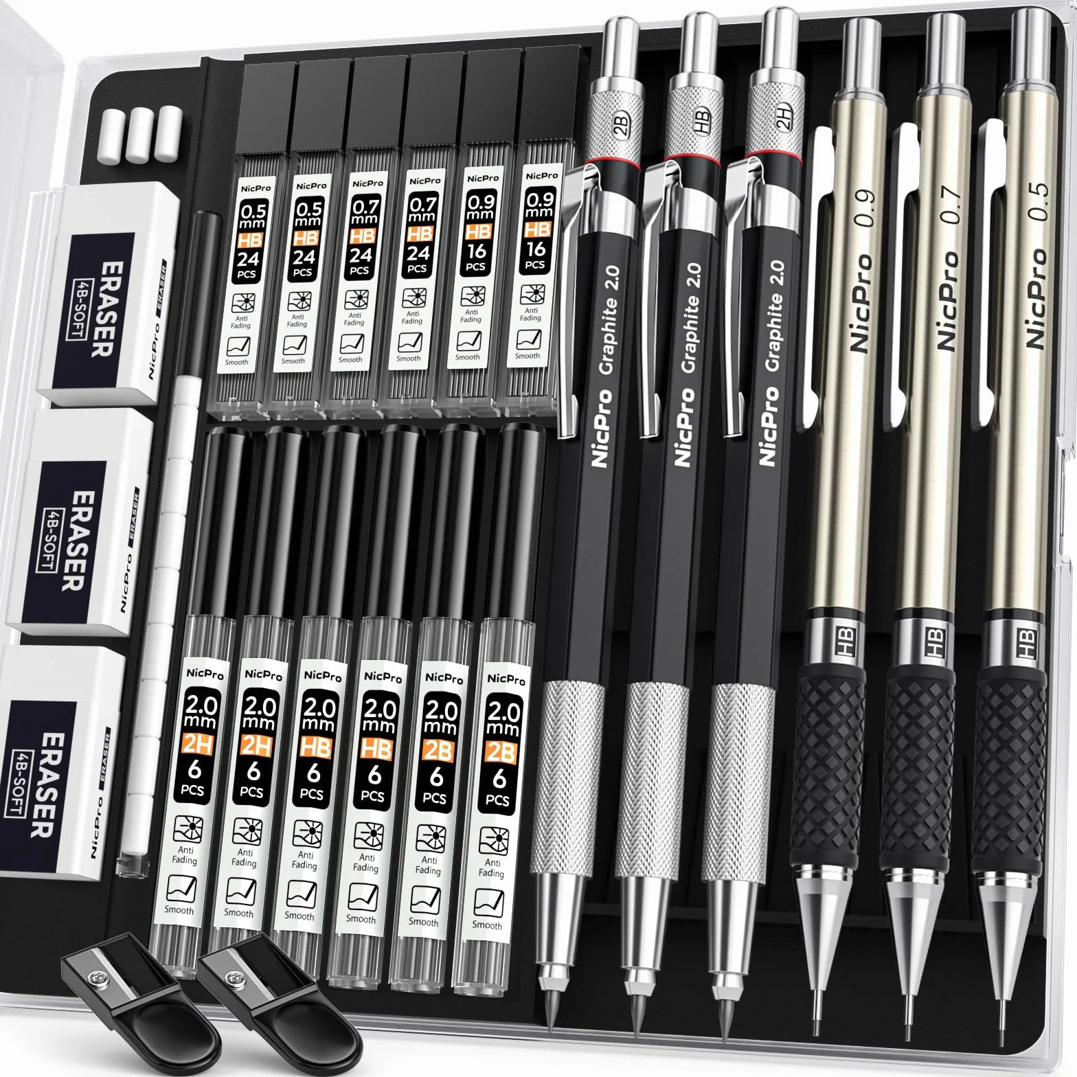 Nicpro 6 Piezas Metálica Portaminas, Profesionales Portaminas 0.5, 0.7, 0.9, 2mm (2B HB 2H) con Minas, Borrador, Sacapuntas para Redacción Escribiendo