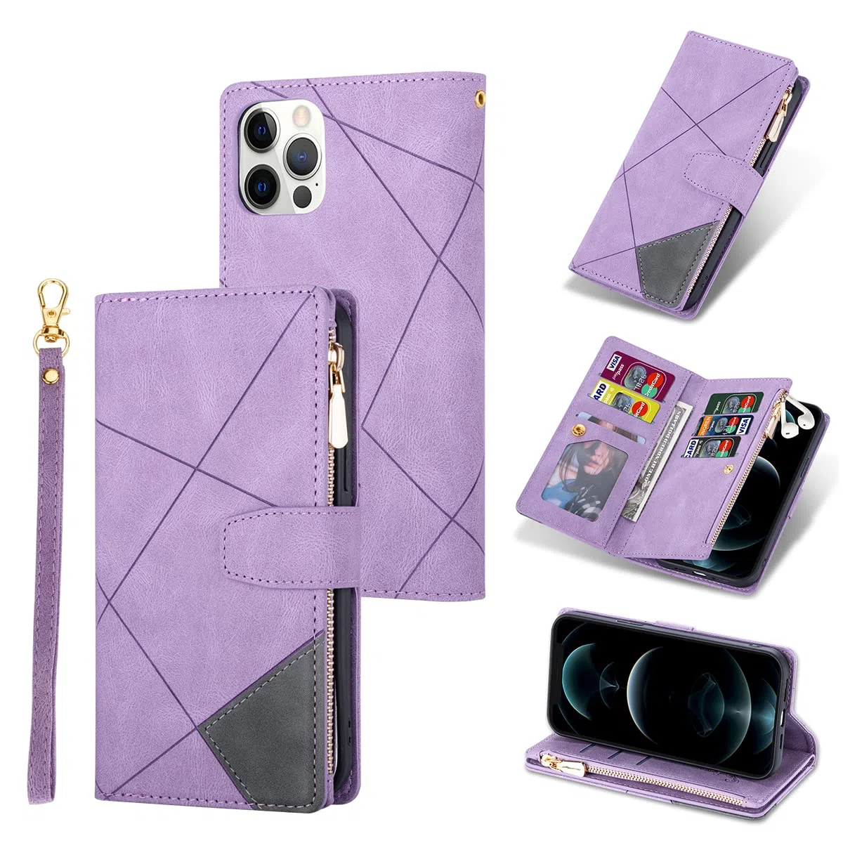 UEEBAI Estuche para iPhone 13 Pro 6.1 Inch, Cartera con Correa de Mano Cuero PU Funda Tapa Retro a Prueba de Golpes con 9 Ranuras para Tarjetas Función de Soporte Bolso Magnético - Diamante Violeta