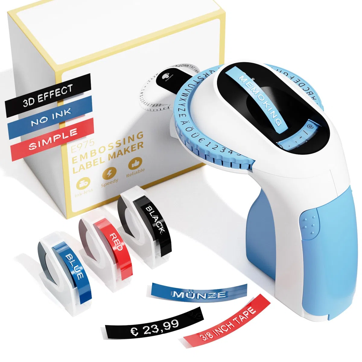 Memoking Máquina etiquetadora de estampen Relieve E975 3D Embossed Label Printer Machine with 3 Rolls Emboss Tapes, Labelling Machine, for Home Organization, DIY Crafting, Regalo (£/€, Ä, Ö, Ü)