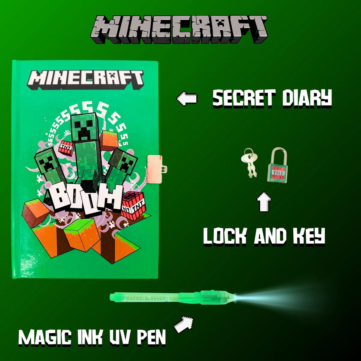 Minecraft Juego de Papelería, Incluye Regla Lapiz Boligrafo Pegatinas Goma de Borrar Sacapuntas Cuaderno y Candado con Llaves, Regalo Set de Papeleria para Niños