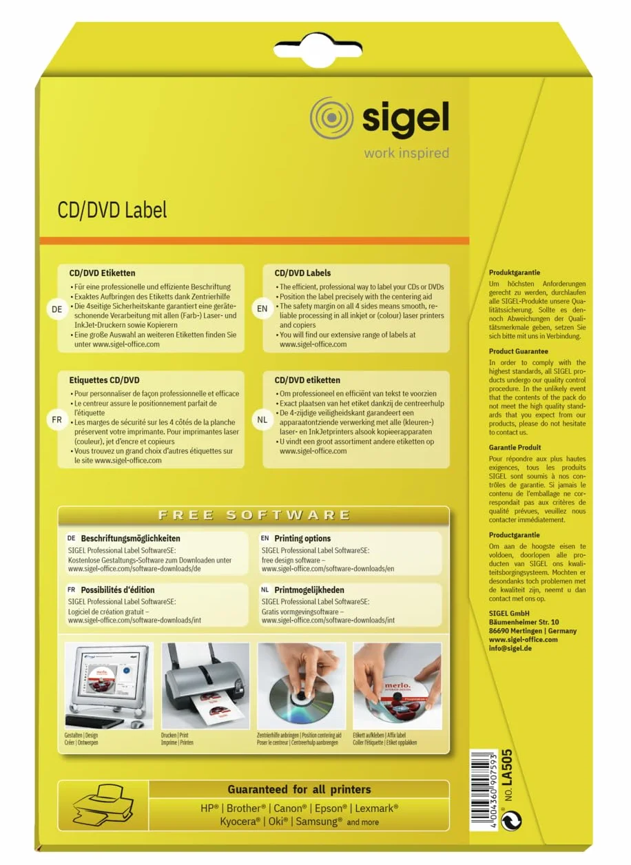 SIGEL LA505 Etiquetas para CD/DVD (Ink/Laser/Copy), Ø 117 mm (A4), 50 Et.=25 hojas