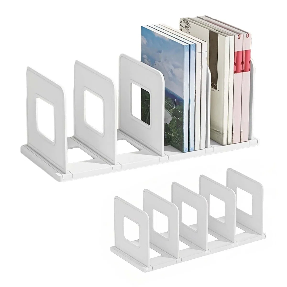 Sujetalibros Estanteria,Organizador de Archivos de Escritorio,Sujeta Libros,Separador de Libros,Revistero para catálogo,Revistero con 4 compartimentos,Revistero plegable de plástico (Blanco)