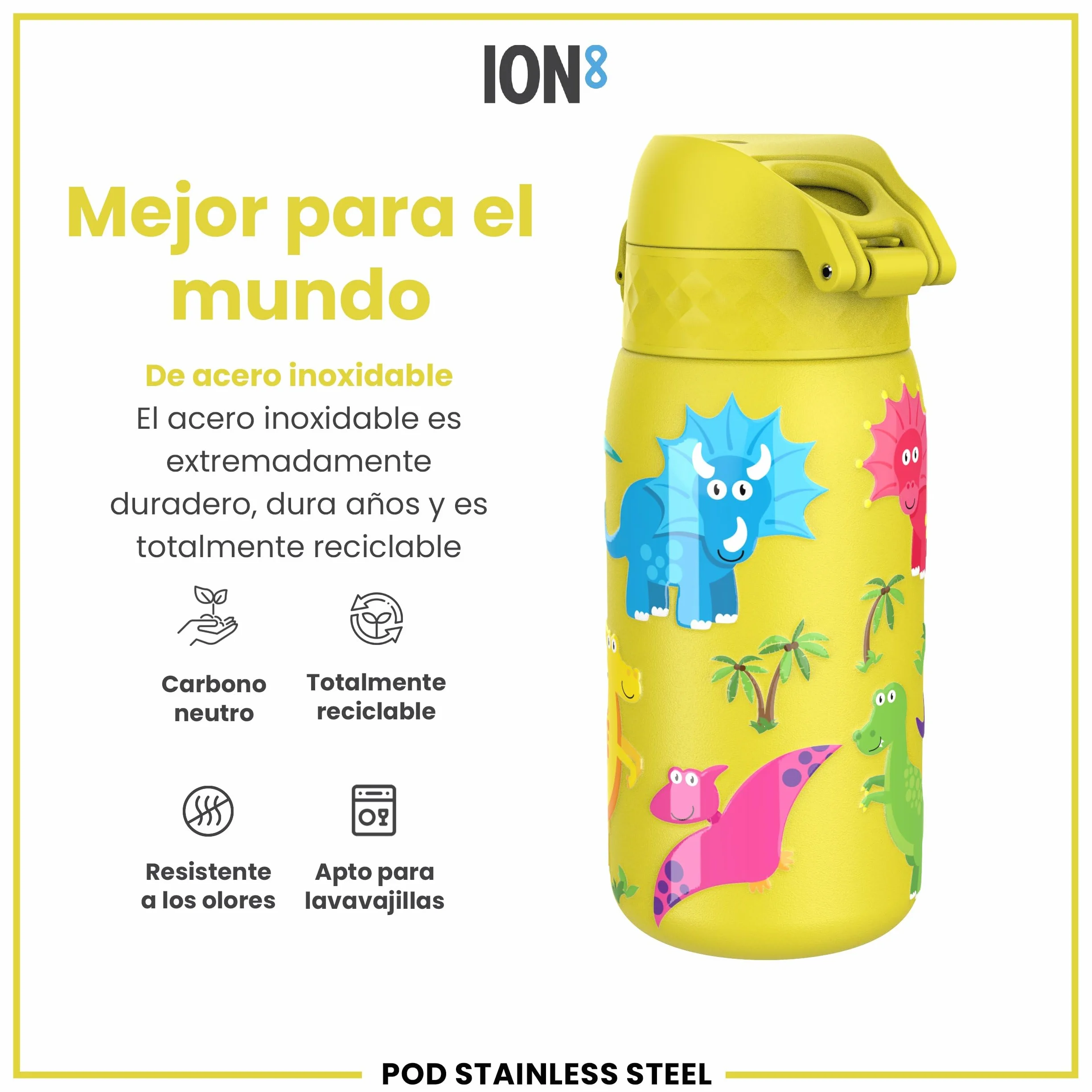 ion8 Botella Agua Inox Ligero para Niños 400ml Sin Aislamiento a Prueba de Fugas Fácil de Abrir Cerradura Segura Apta para Lavavajillas Tapa Abatible Dinosaurios