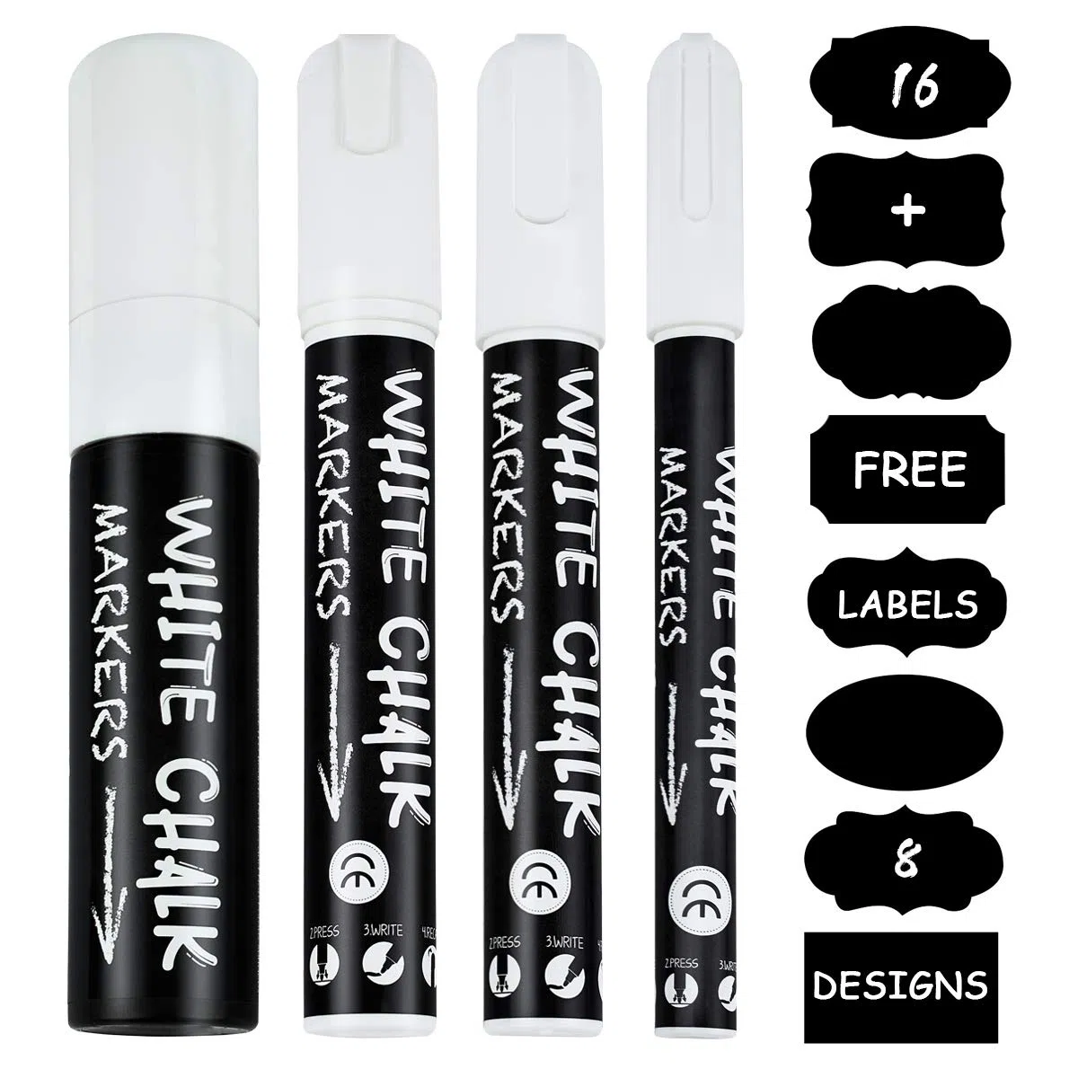 Tiza Liquida Blanco, Rotuladores de Tiza 3mm, 6mm, 10mm y 15mm para Pizarra Negra & Cristal, Seco y Húmedo Tinta Borrable, 4pcs Marcadores Líquida Blanca + 16pcs Pizarra Etiquetas Rotulador