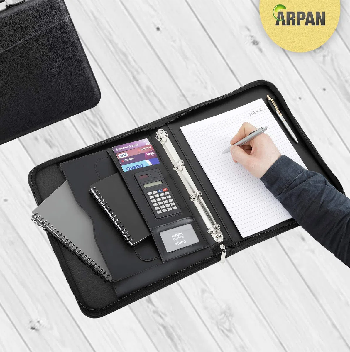 Arpan - Maletín de negocios, tamaño A4, asa con anillas, cierre con cremallera, cubierta acolchada, suave, color negro