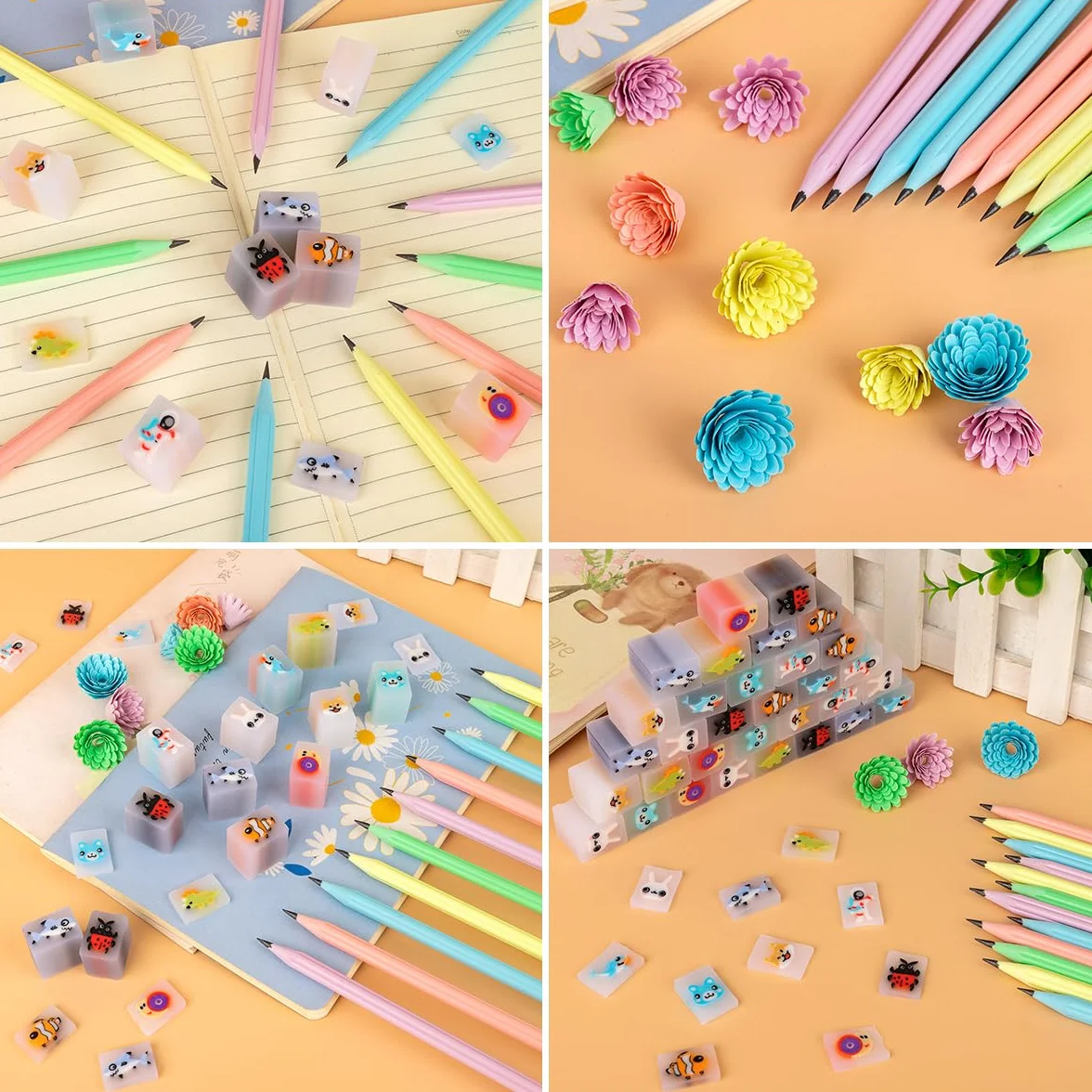 64 PCS Lapices con Gomas Niños Regalo,32 Gomas de Borrar Divertidas + 32 Lapices Pétalos Niños,Regalos Cumpleaños Niños Colegio,Detalles Cumpleaños Niños
