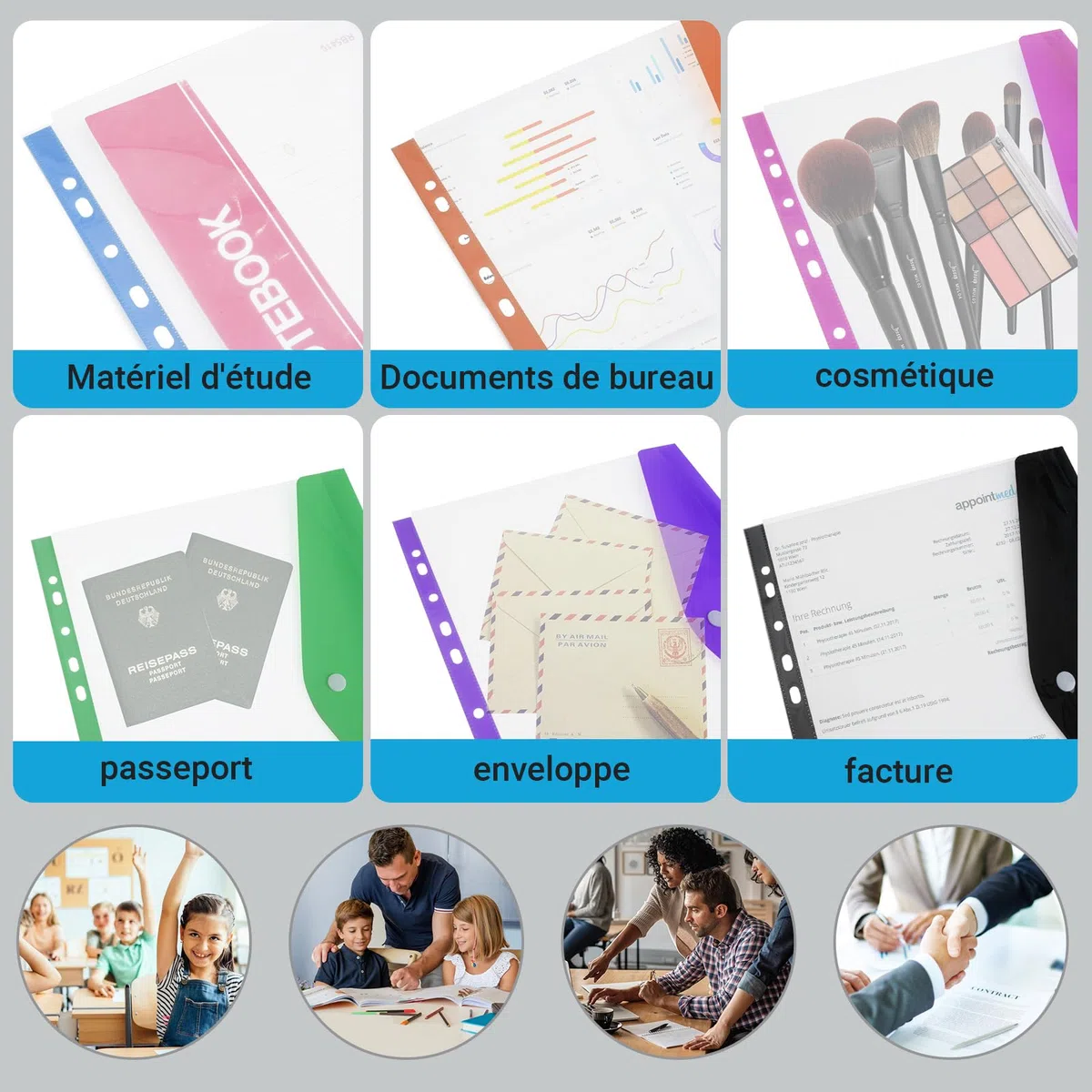 Elalove 12 Fundas Transparentes A4 Multitaladro - Fundas de Plástico A4 con 6 Colores, Impermeables y Duraderas para Organizar Documentos en Oficina, Escuela o Hogar (24.5x31 cm)
